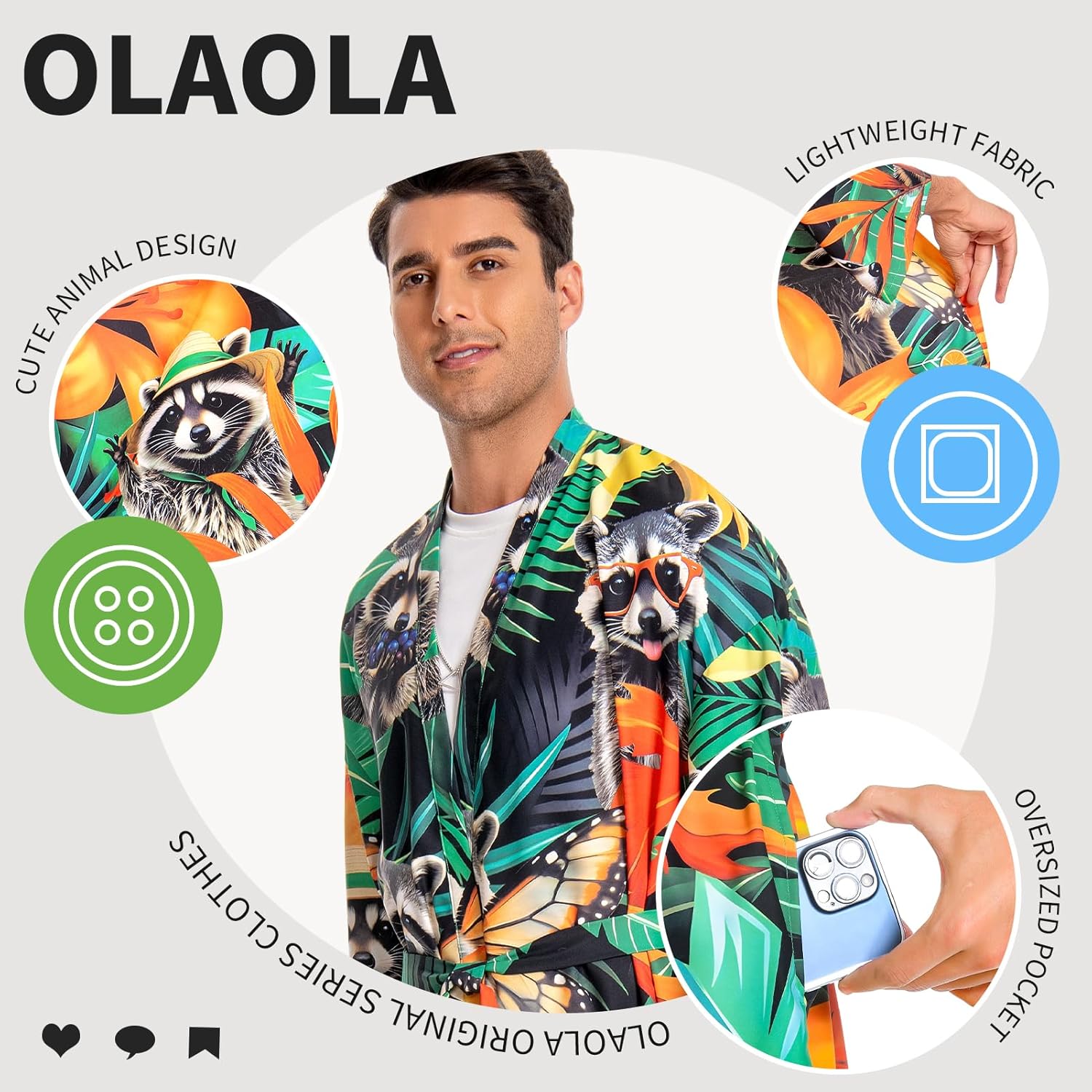OLAOLA Men Raccoon Kimono Robe Bathrobe Summer Printed Beach Smock Lightweight Outwear Open Front Long Cardigan Cloak