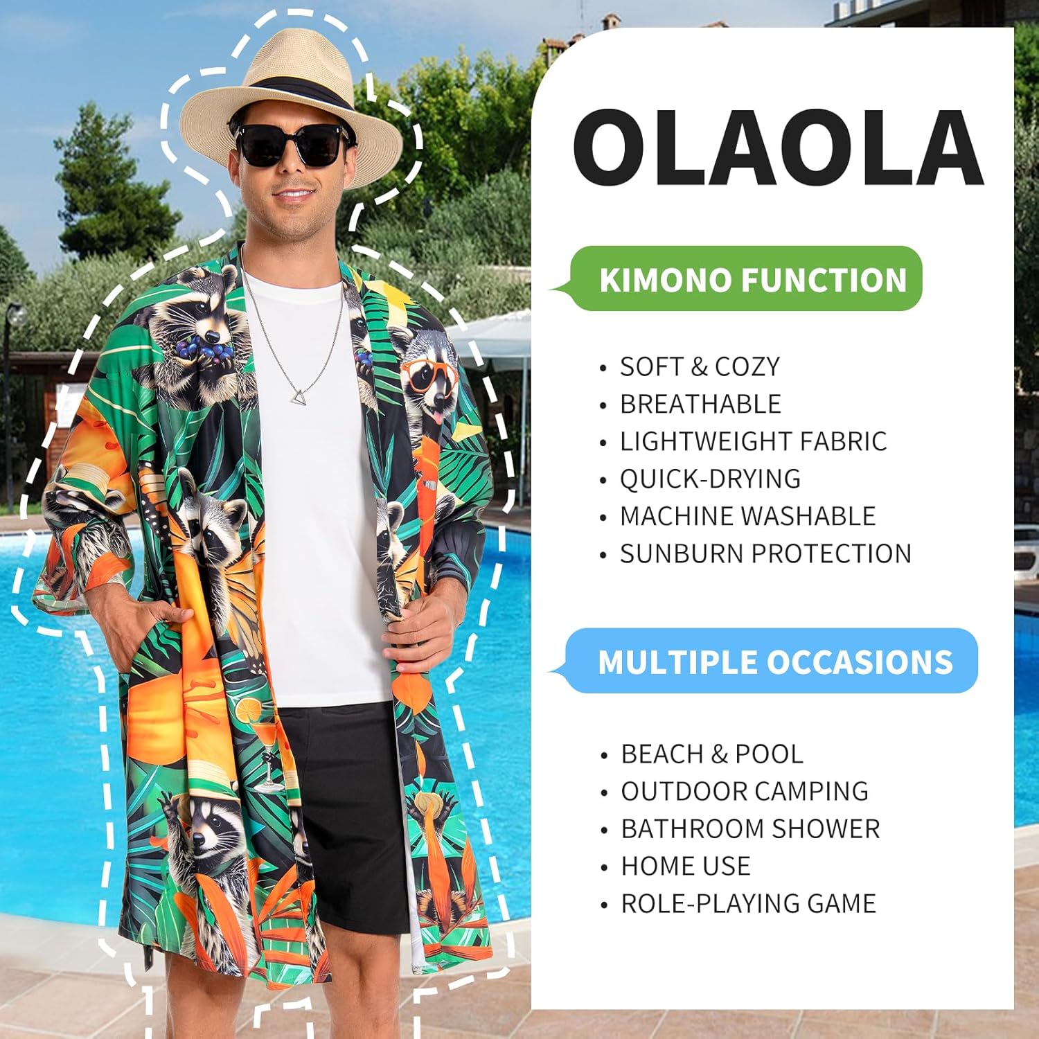 OLAOLA Men Raccoon Kimono Robe Bathrobe Summer Printed Beach Smock Lightweight Outwear Open Front Long Cardigan Cloak