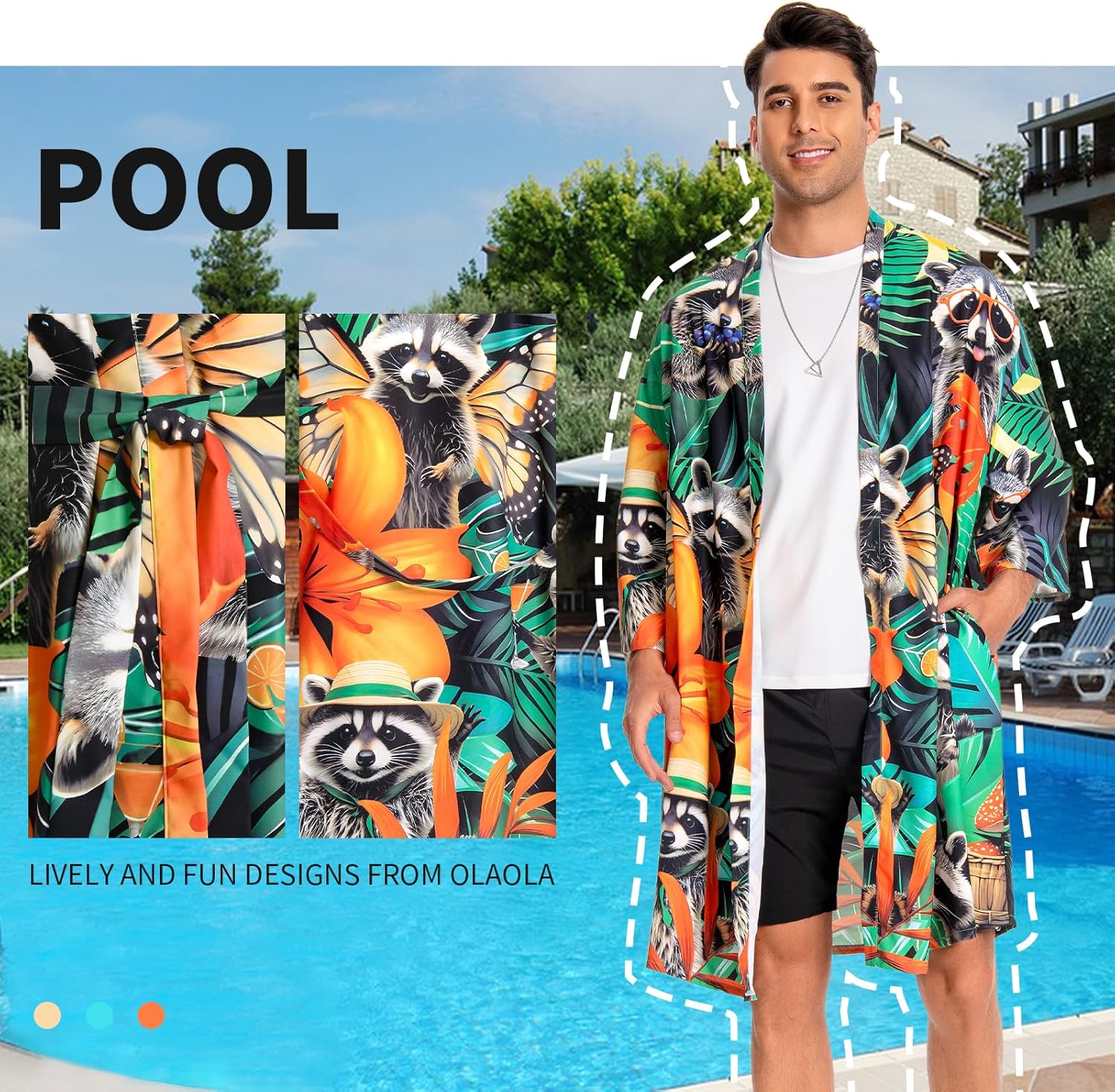 OLAOLA Men Raccoon Kimono Robe Bathrobe Summer Printed Beach Smock Lightweight Outwear Open Front Long Cardigan Cloak