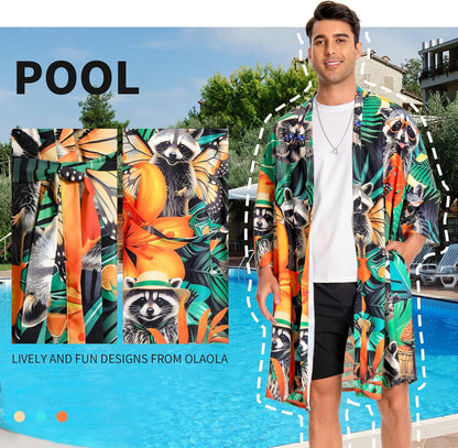 OLAOLA Men Raccoon Kimono Robe Bathrobe Summer Printed Beach Smock Lightweight Outwear Open Front Long Cardigan Cloak