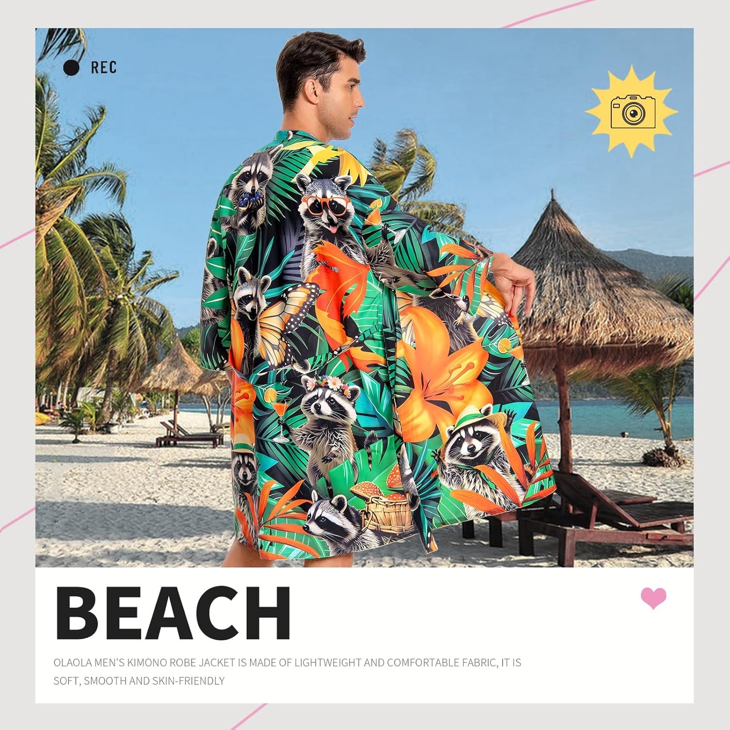 OLAOLA Men Raccoon Kimono Robe Bathrobe Summer Printed Beach Smock Lightweight Outwear Open Front Long Cardigan Cloak