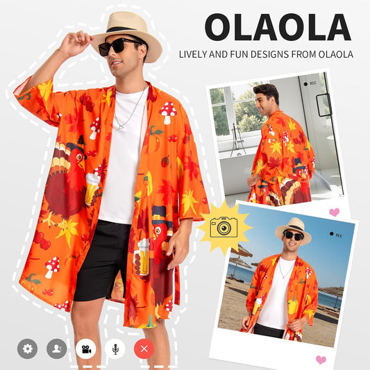 OLAOLA Men Turkey Kimono Robe Bathrobe Summer Printed Beach Smock Lightweight Outwear Open Front Long Cardigan Cloak