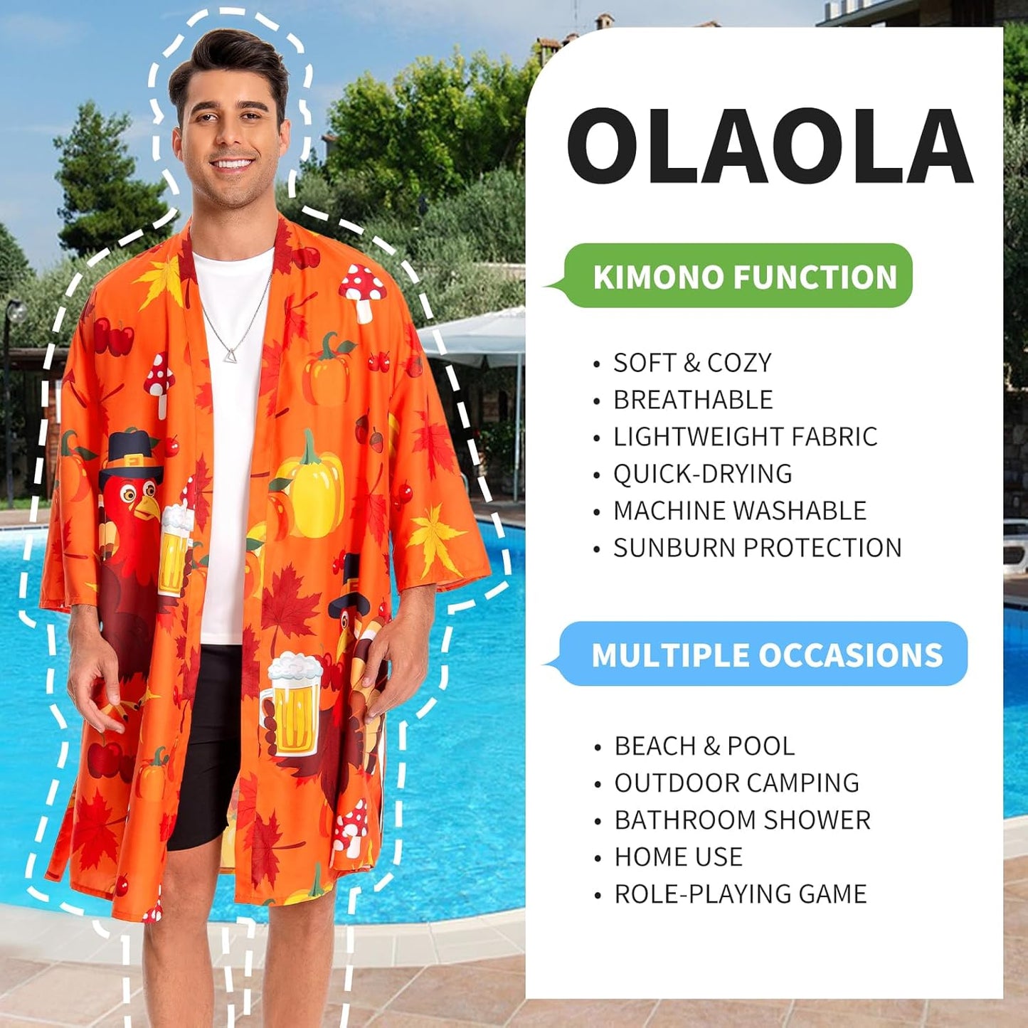 OLAOLA Men Turkey Kimono Robe Bathrobe Summer Printed Beach Smock Lightweight Outwear Open Front Long Cardigan Cloak