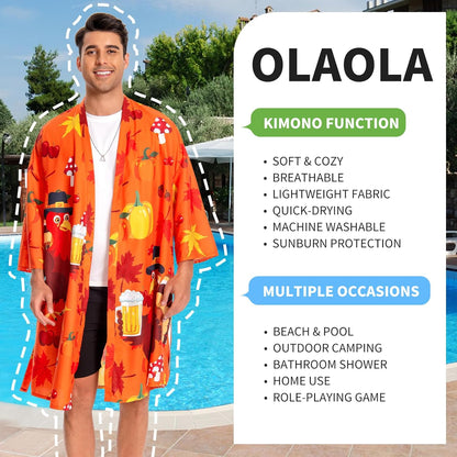 OLAOLA Men Turkey Kimono Robe Bathrobe Summer Printed Beach Smock Lightweight Outwear Open Front Long Cardigan Cloak