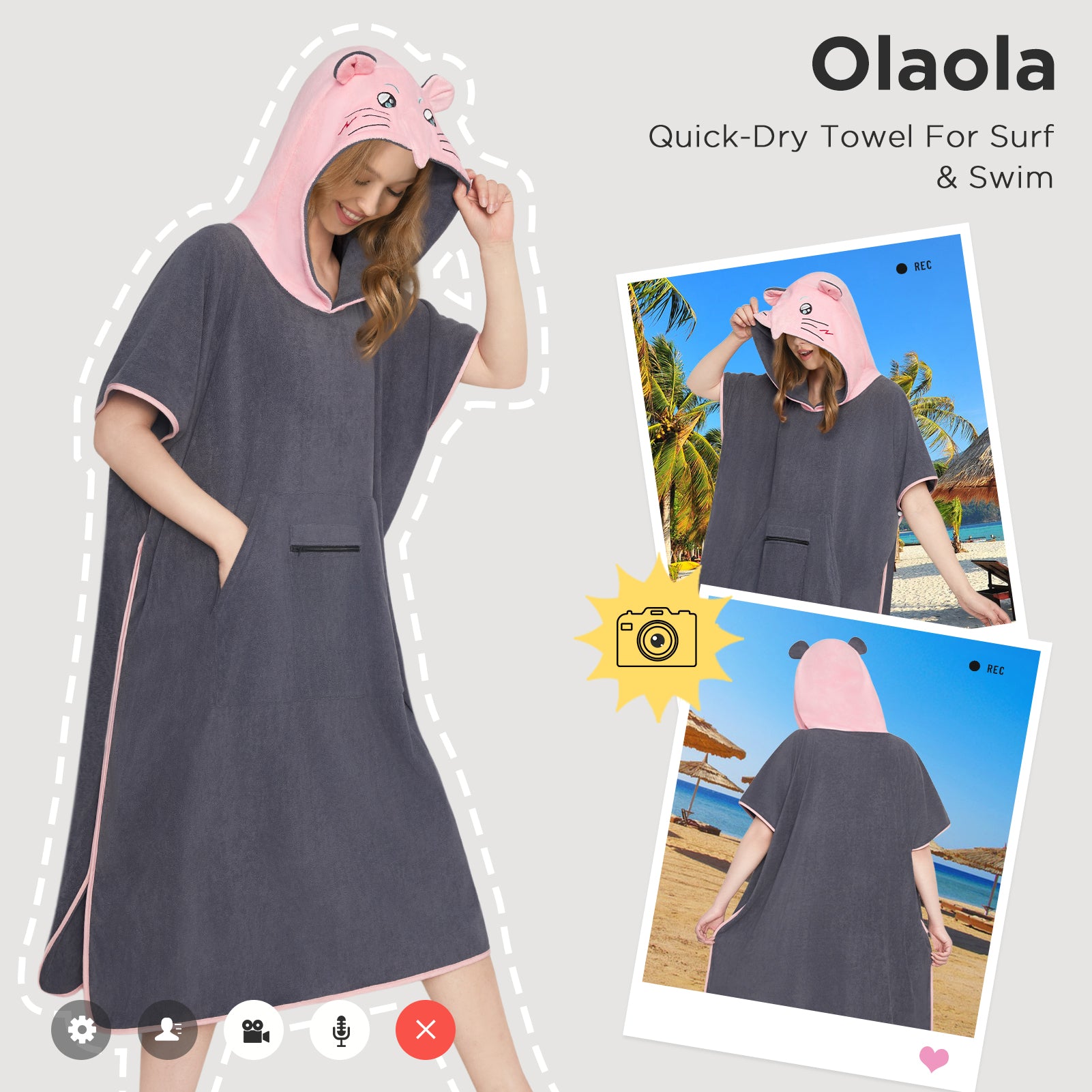 OLAOLA Opossum Beach Towels Surf Poncho Changing Towel Swim Robe With Pocket Plus Size Quick Dry Terry Cloth Cover-Up Hood