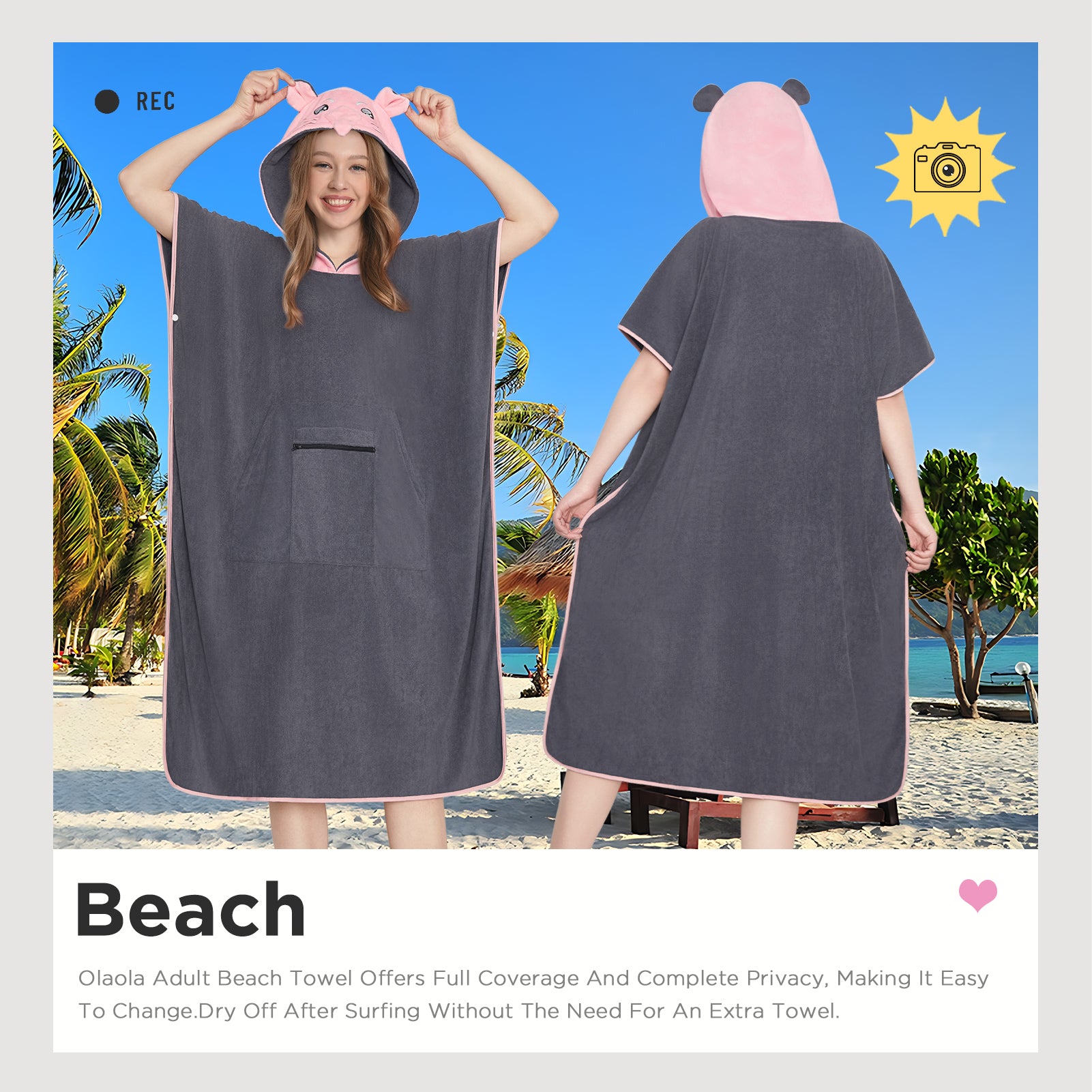OLAOLA Opossum Beach Towels Surf Poncho Changing Towel Swim Robe With Pocket Plus Size Quick Dry Terry Cloth Cover-Up Hood