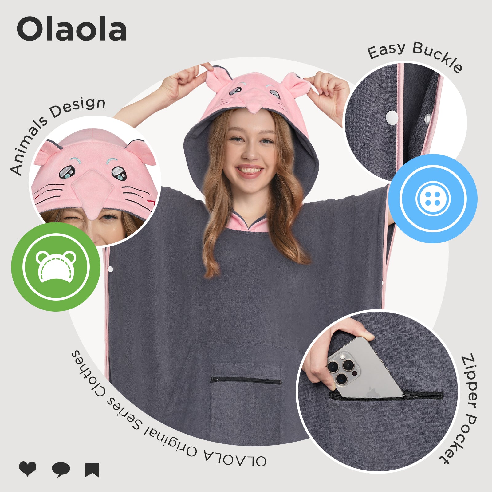 OLAOLA Opossum Beach Towels Surf Poncho Changing Towel Swim Robe With Pocket Plus Size Quick Dry Terry Cloth Cover-Up Hood