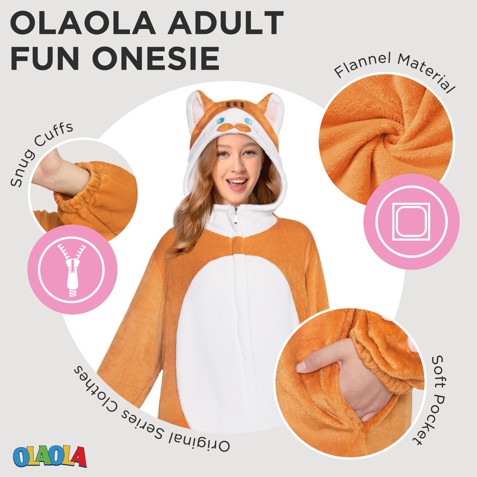 OLAOLA Orange Cat Animal Onesie Flannel Kitty Pajamas Plush Warm Home One Piece For Adult Unisex Halloween Costume