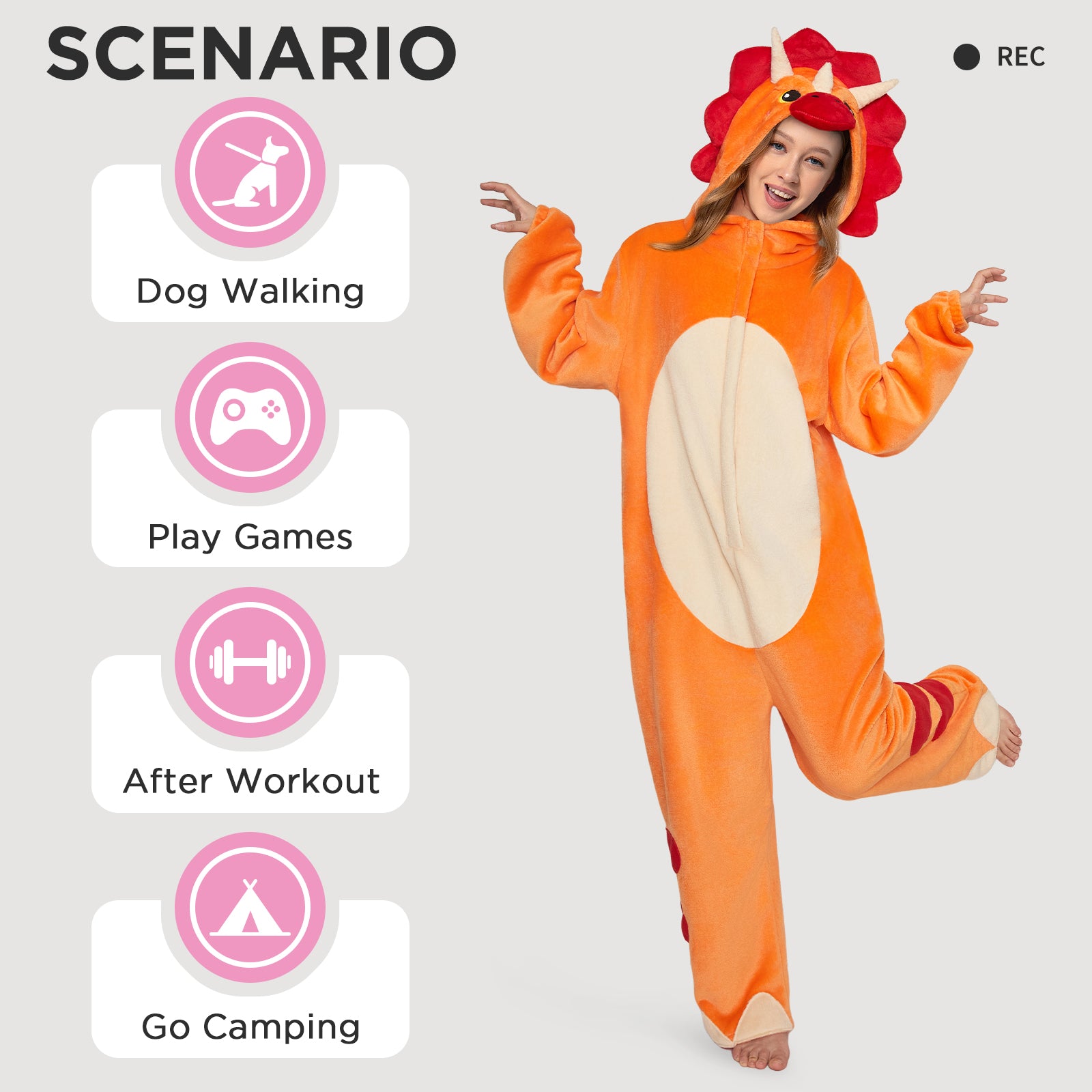 OLAOLA Orange Triceratops Pajamas Dinosaur Animals Onesie Plush Warm Home One Piece Adult Halloween Costume
