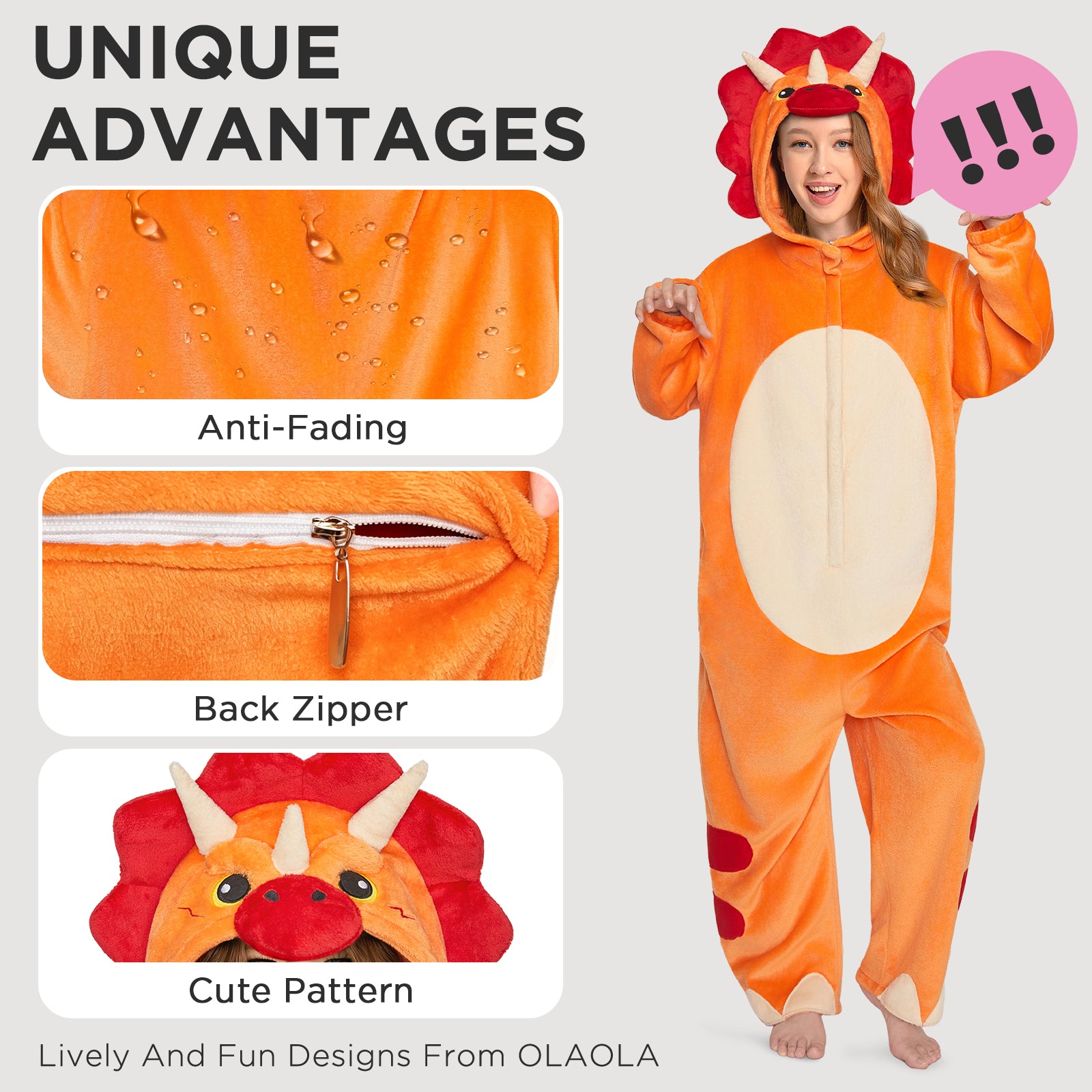 OLAOLA Orange Triceratops Pajamas Dinosaur Animals Onesie Plush Warm Home One Piece Adult Halloween Costume