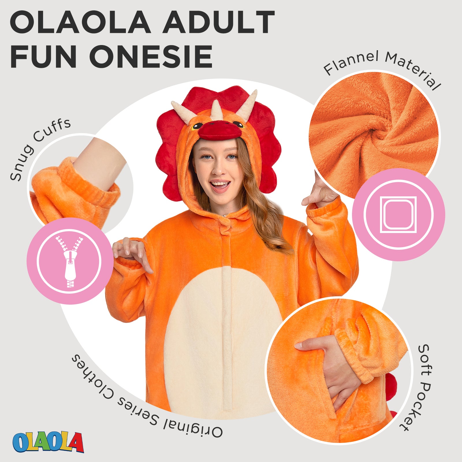 OLAOLA Orange Triceratops Pajamas Dinosaur Animals Onesie Plush Warm Home One Piece Adult Halloween Costume