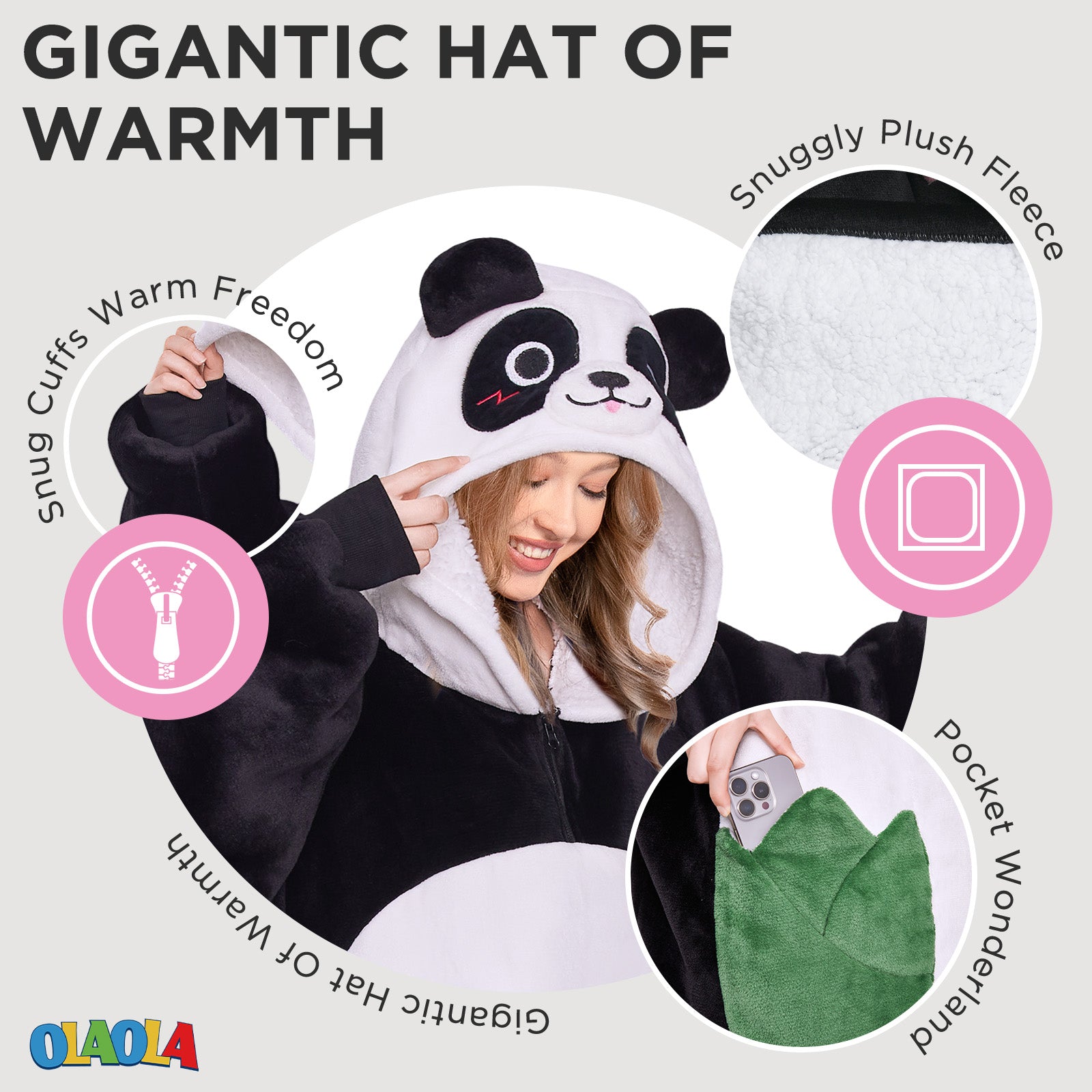OLAOLA Panda Wearable Blanket Hoodie Animals Onesie Oversized Soft Homwear With Giant Pocket For Adult