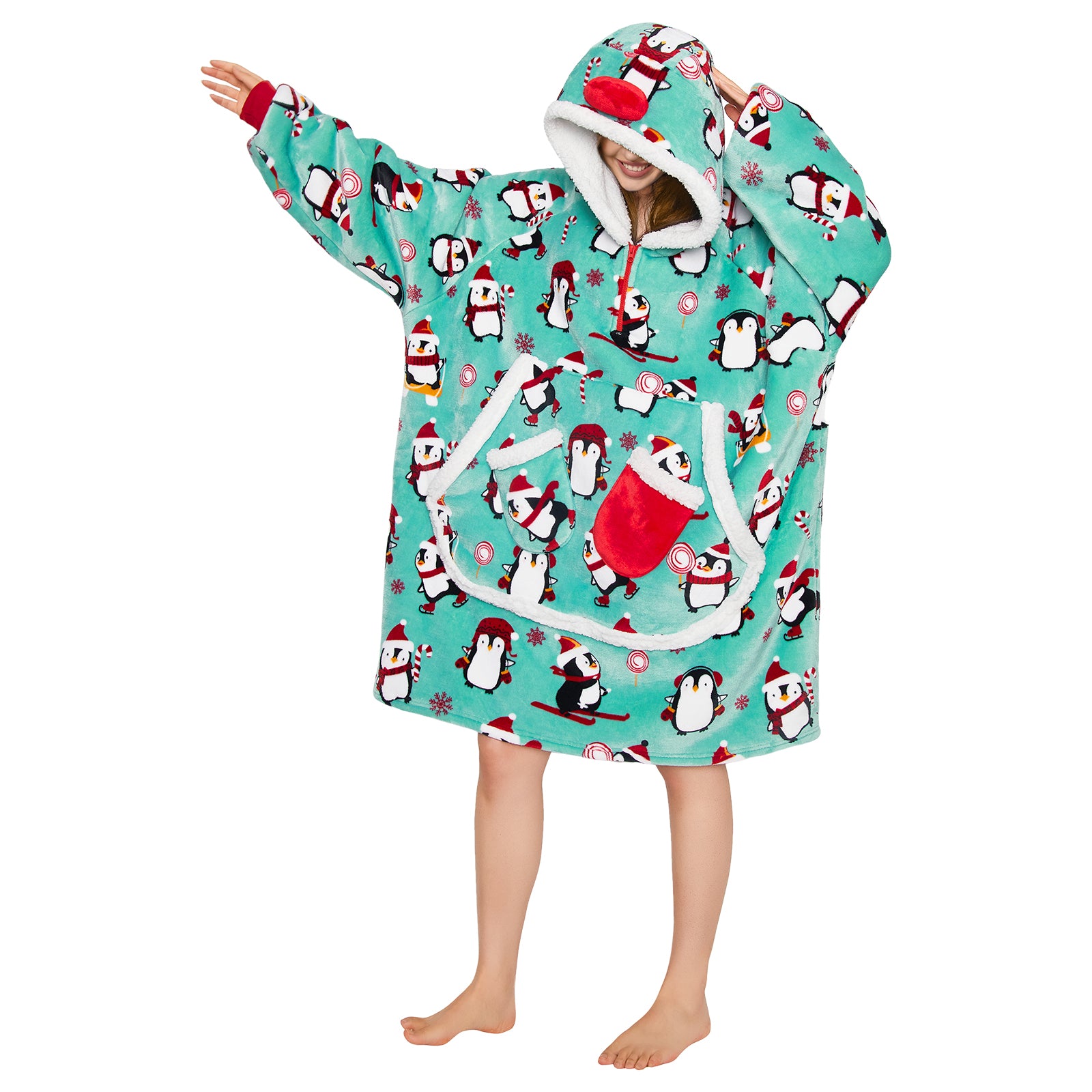 OLAOLA Penguin Blue Wearable Blanket Hoodie Animals Onesie Oversized Soft Homwear With Giant Pocket For Adult