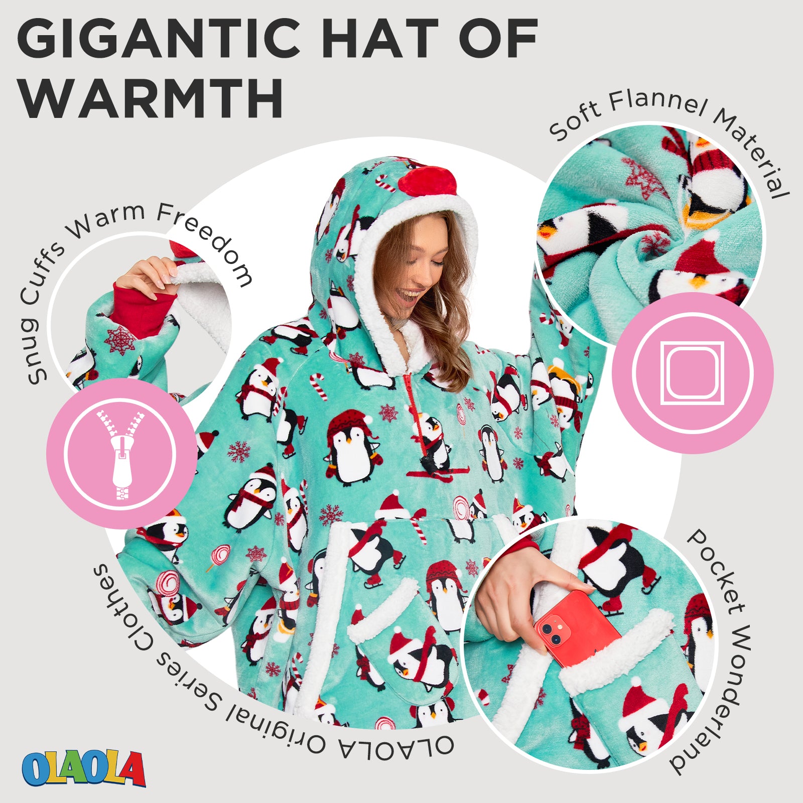 OLAOLA Penguin Blue Wearable Blanket Hoodie Animals Onesie Oversized Soft Homwear With Giant Pocket For Adult