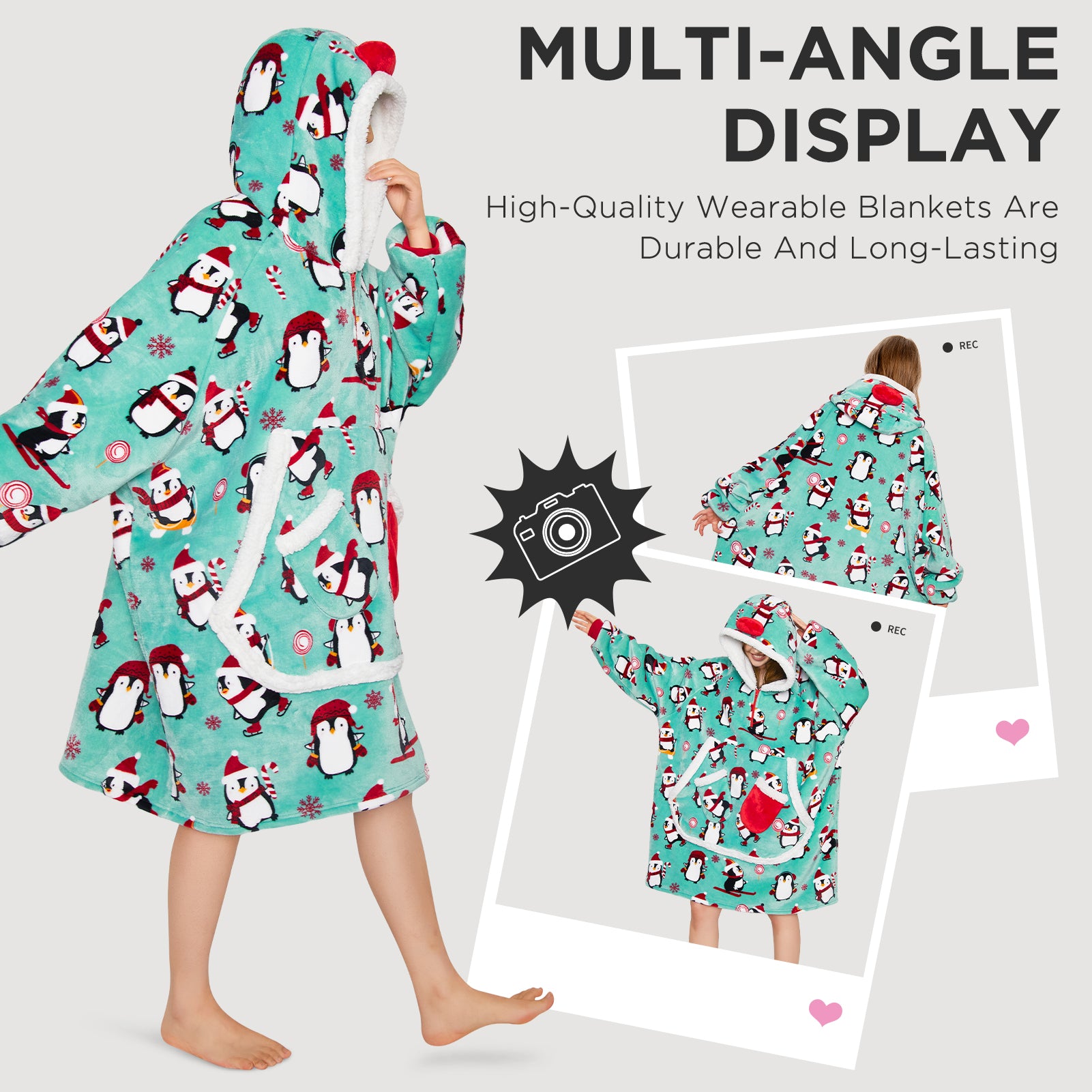 OLAOLA Penguin Blue Wearable Blanket Hoodie Animals Onesie Oversized Soft Homwear With Giant Pocket For Adult