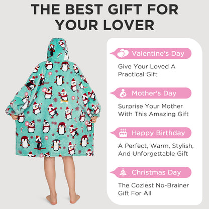 OLAOLA Penguin Blue Wearable Blanket Hoodie Animals Onesie Oversized Soft Homwear With Giant Pocket For Adult