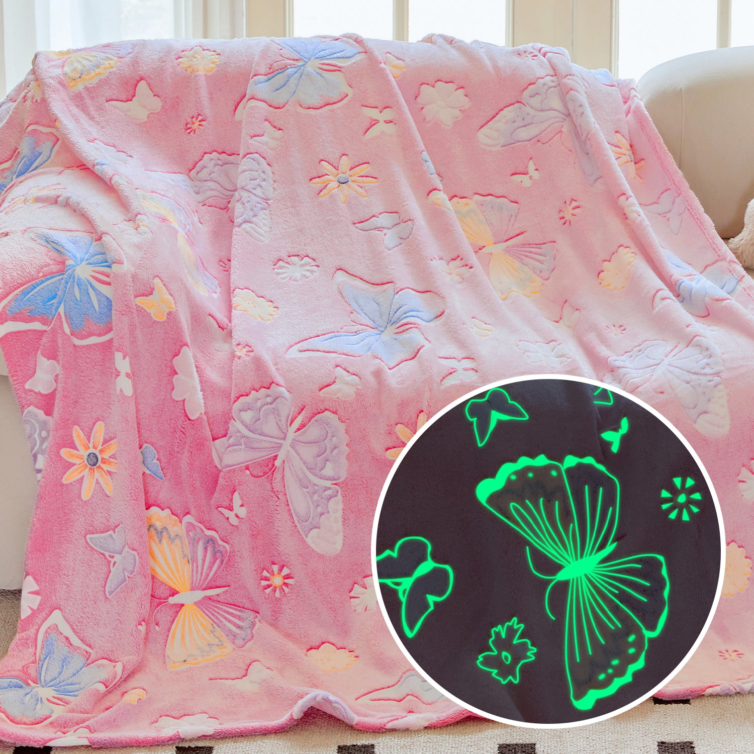 OLAOLA Pink Butterfly Glow In The Dark Blanket Soft Cozy Flannel Throw AC Comforters Nap For Kids Daughters