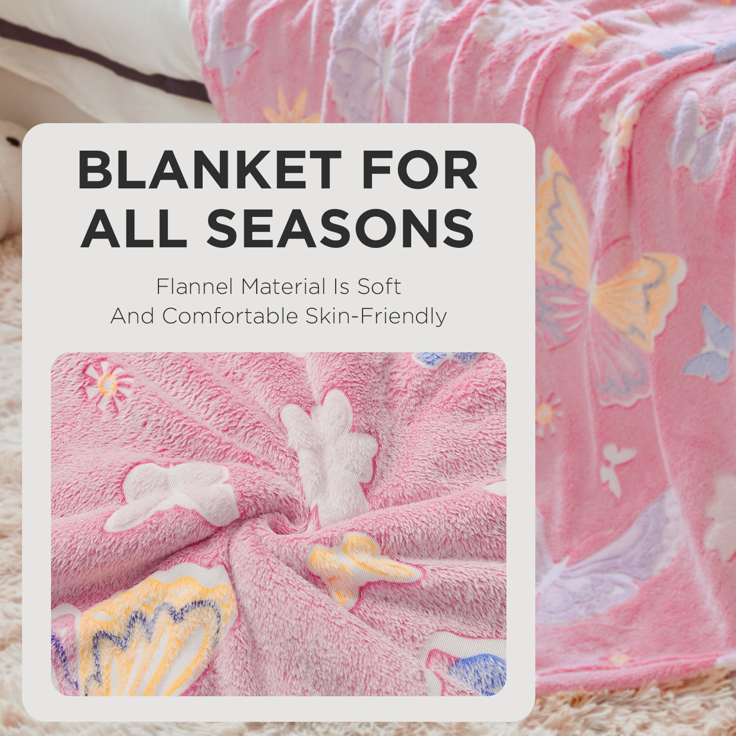 OLAOLA Pink Butterfly Glow In The Dark Blanket Soft Cozy Flannel Throw AC Comforters Nap For Kids Daughters