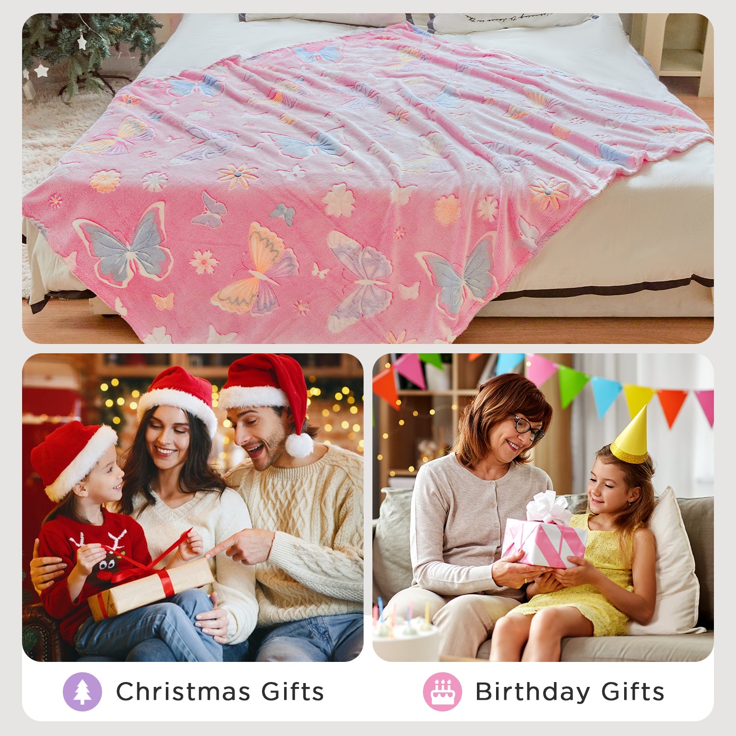 OLAOLA Pink Butterfly Glow In The Dark Blanket Soft Cozy Flannel Throw AC Comforters Nap For Kids Daughters