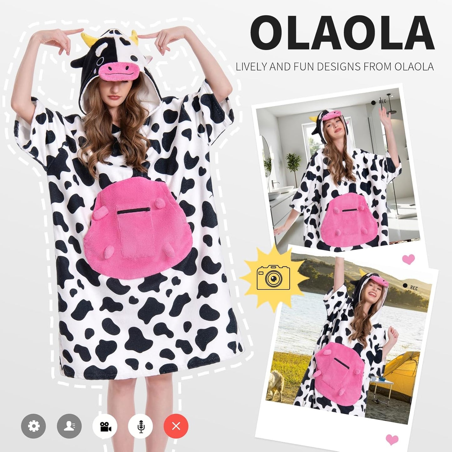 OLAOLA Pink Cow Surf Poncho Changing Towel Swim Robe Animal Onesie Beach Towels Blanket Soft Quick Dry Cover Up Outdoor