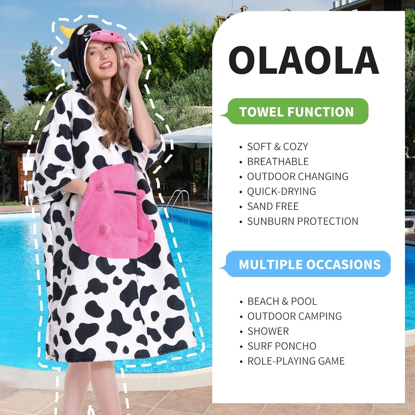 OLAOLA Pink Cow Surf Poncho Changing Towel Swim Robe Animal Onesie Beach Towels Blanket Soft Quick Dry Cover Up Outdoor