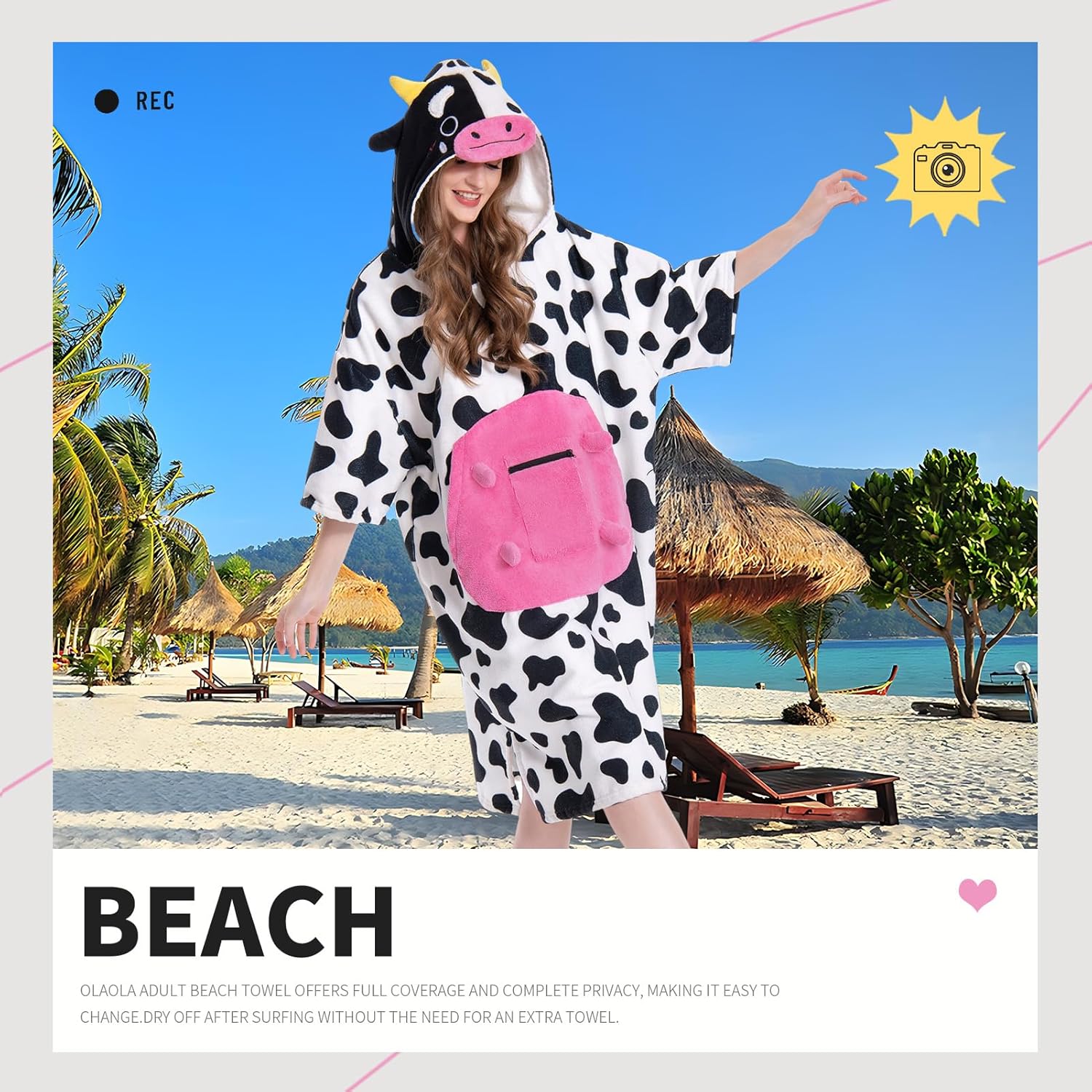 OLAOLA Pink Cow Surf Poncho Changing Towel Swim Robe Animal Onesie Beach Towels Blanket Soft Quick Dry Cover Up Outdoor