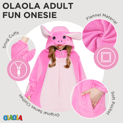 OLAOLA Pink Pig Pajamas Animals Onesie Plush Warm Home One Piece Homewear For Adult Halloween Sleepwear Party