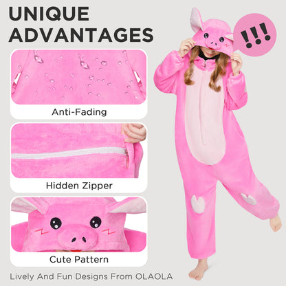 OLAOLA Pink Pig Pajamas Animals Onesie Plush Warm Home One Piece Homewear For Adult Halloween Sleepwear Party