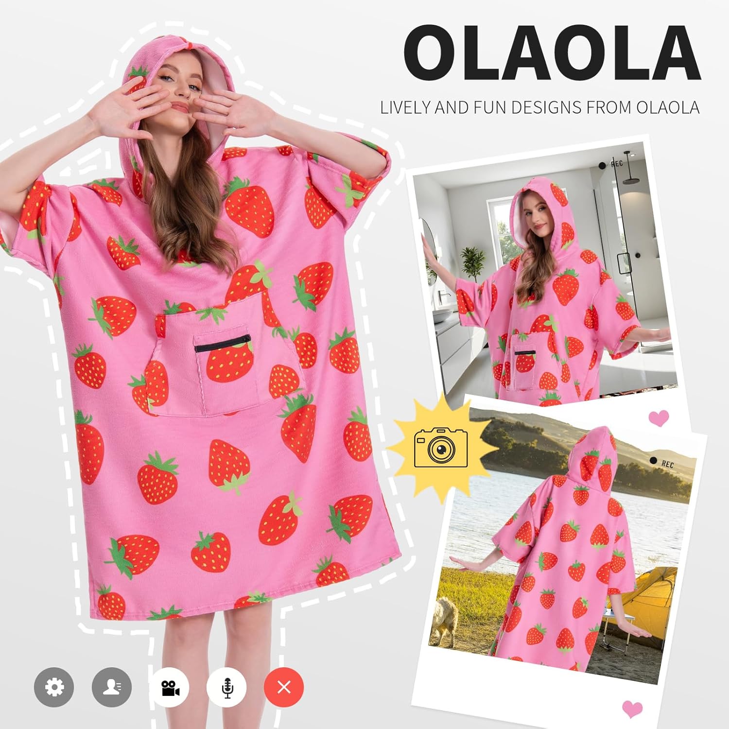 OLAOLA Pink Printed Strawberry Food Surf Poncho Changing Towel Swim Robe Quick Dry Blanket Outdoor Beach Cover Up