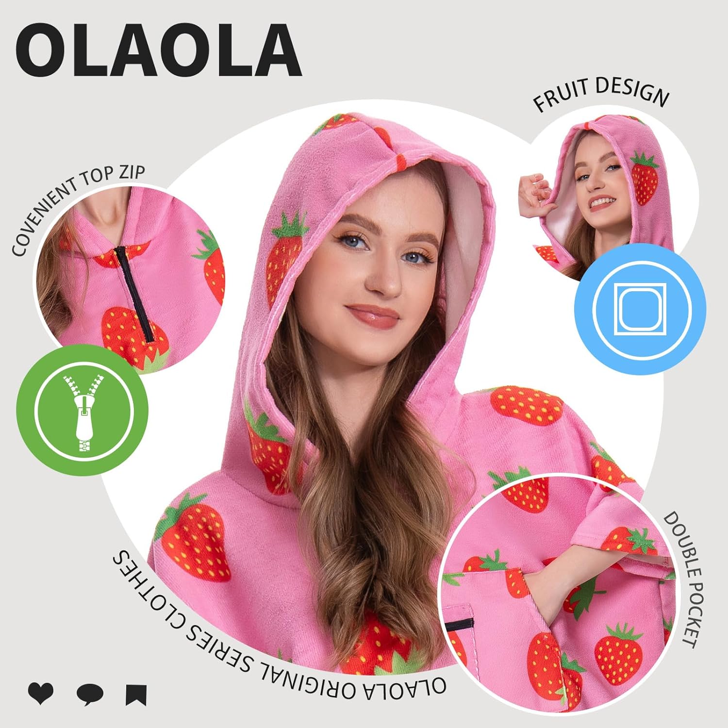 OLAOLA Pink Printed Strawberry Food Surf Poncho Changing Towel Swim Robe Quick Dry Blanket Outdoor Beach Cover Up