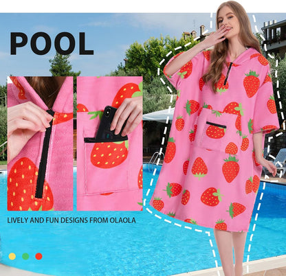 OLAOLA Pink Printed Strawberry Food Surf Poncho Changing Towel Swim Robe Quick Dry Blanket Outdoor Beach Cover Up