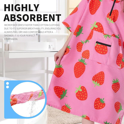 OLAOLA Pink Printed Strawberry Food Surf Poncho Changing Towel Swim Robe Quick Dry Blanket Outdoor Beach Cover Up