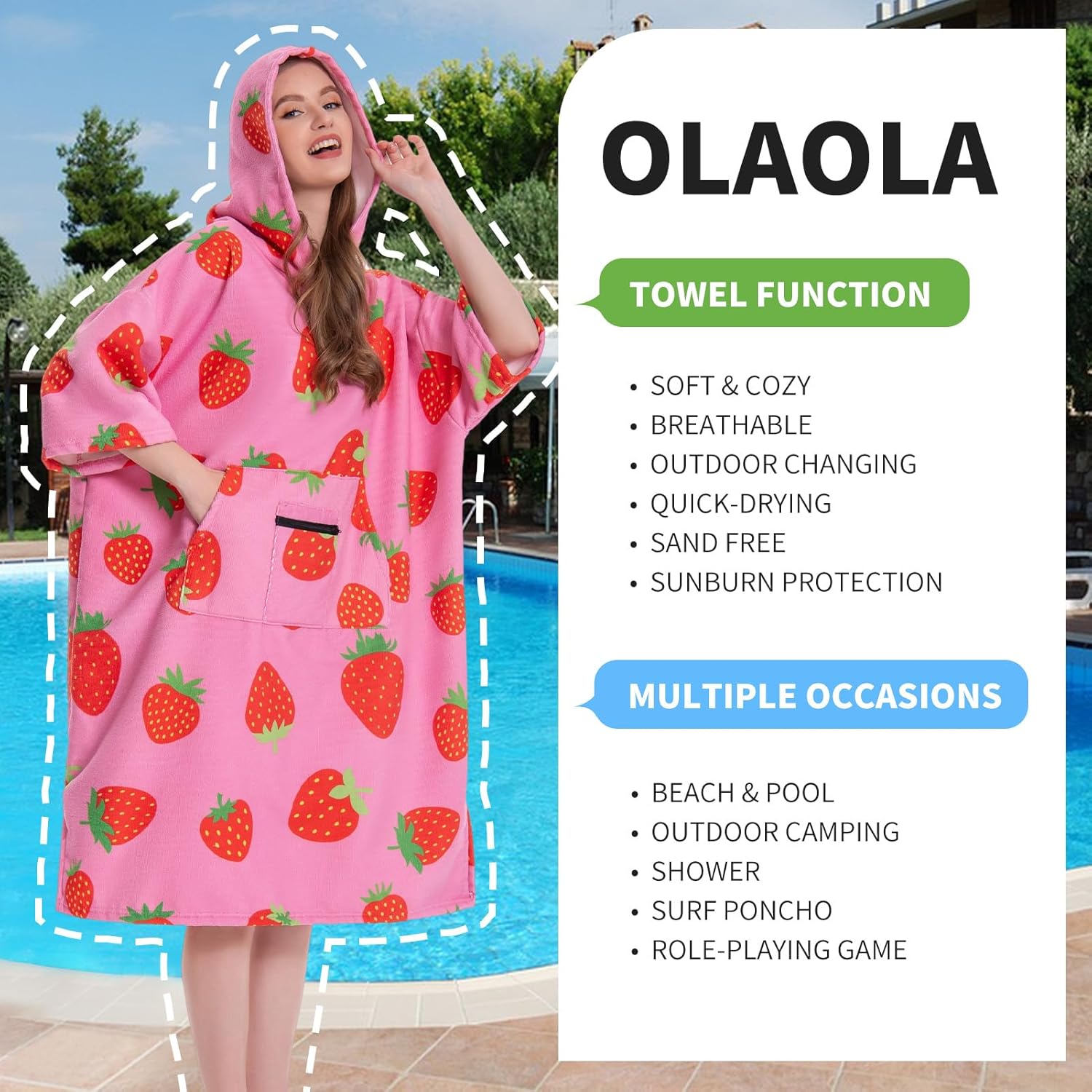 OLAOLA Pink Printed Strawberry Food Surf Poncho Changing Towel Swim Robe Quick Dry Blanket Outdoor Beach Cover Up