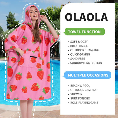 OLAOLA Pink Printed Strawberry Food Surf Poncho Changing Towel Swim Robe Quick Dry Blanket Outdoor Beach Cover Up