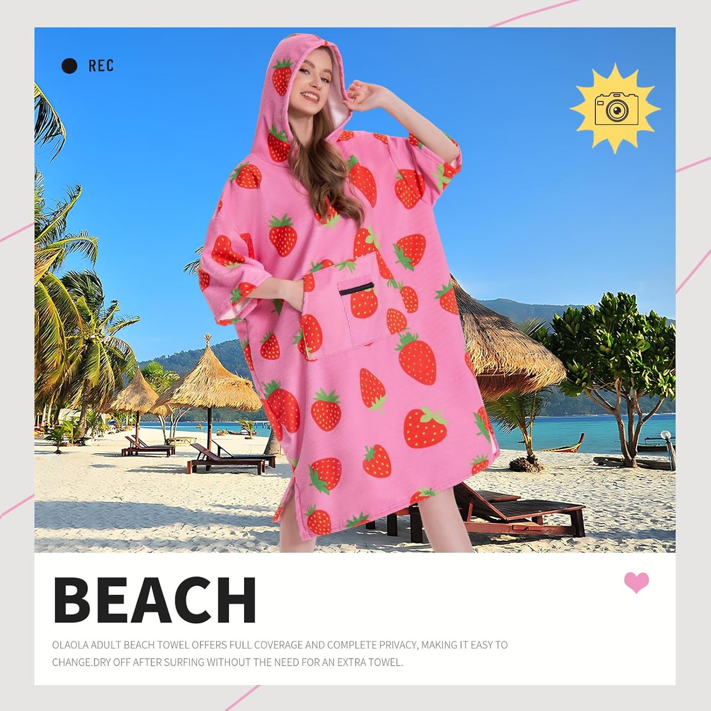 OLAOLA Pink Printed Strawberry Food Surf Poncho Changing Towel Swim Robe Quick Dry Blanket Outdoor Beach Cover Up