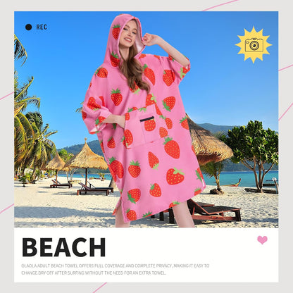 OLAOLA Pink Printed Strawberry Food Surf Poncho Changing Towel Swim Robe Quick Dry Blanket Outdoor Beach Cover Up