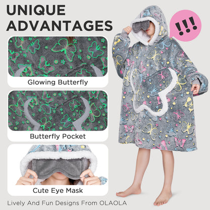 OLAOLA Printed Butterfly Luminous Glow In The Dark Wearable Hoodie Animals Onesie Oversized Soft Homewear For Adult
