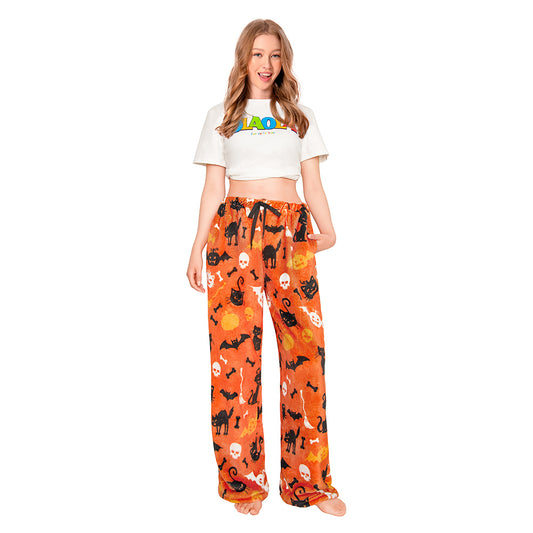 OLAOLA Printed Cat Pumpkin Fuzzy Plush Pajama Pants Drawstring Elastic Waist Wide Leg Lounge Pants Halloween Animals Onesie