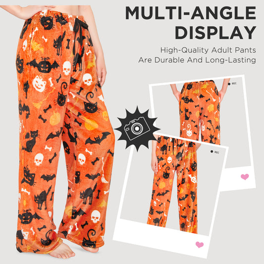 OLAOLA Printed Cat Pumpkin Fuzzy Plush Pajama Pants Drawstring Elastic Waist Wide Leg Lounge Pants Halloween Animals Onesie