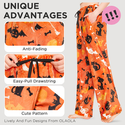 OLAOLA Printed Cat Pumpkin Fuzzy Plush Pajama Pants Drawstring Elastic Waist Wide Leg Pj Bottoms Lounge Pants Halloween Animals Onesie