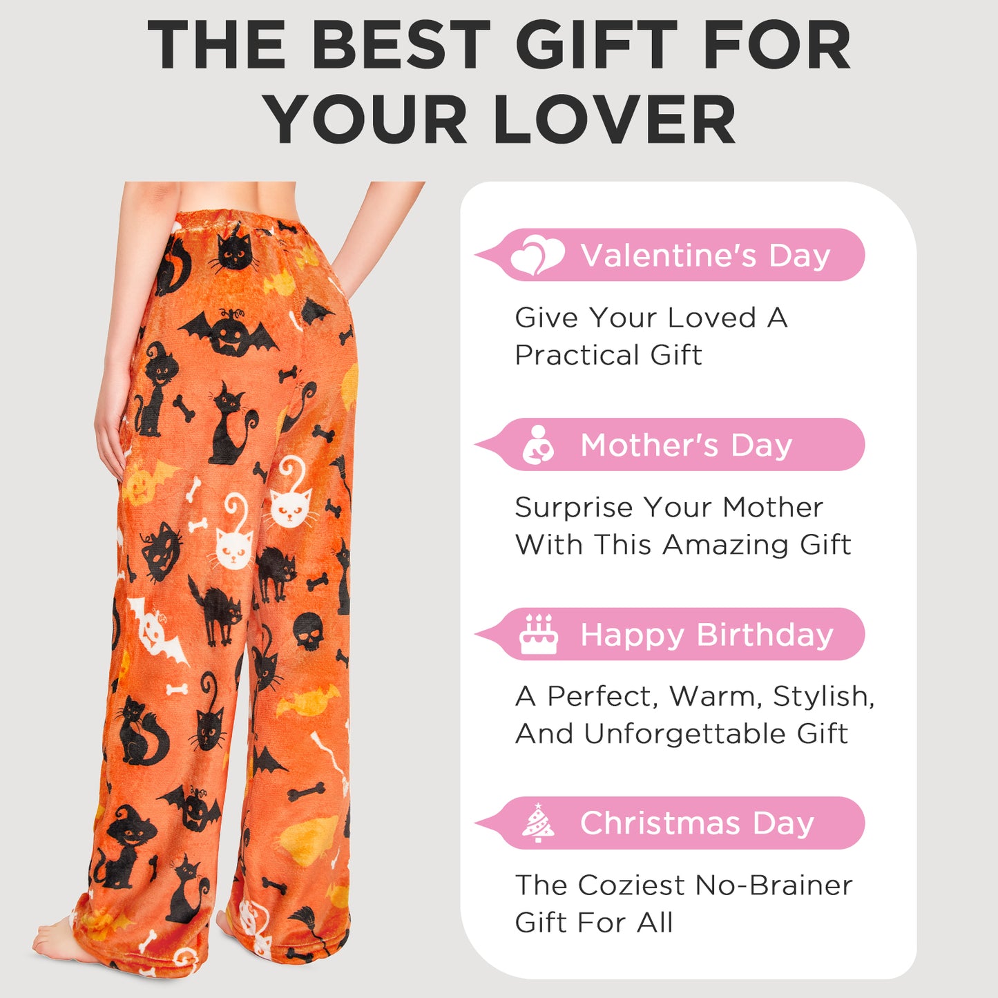 OLAOLA Printed Cat Pumpkin Fuzzy Plush Pajama Pants Drawstring Elastic Waist Wide Leg Pj Bottoms Lounge Pants Halloween Animals Onesie