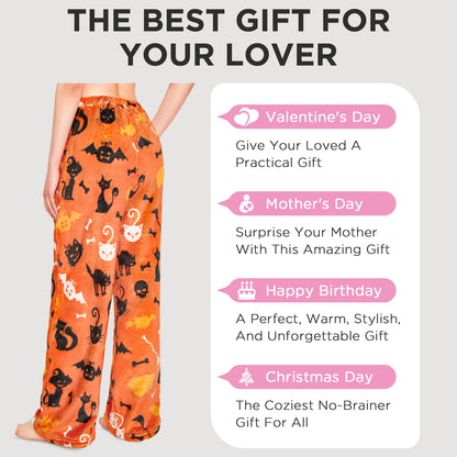 OLAOLA Printed Cat Pumpkin Fuzzy Plush Pajama Pants Drawstring Elastic Waist Wide Leg Pj Bottoms Lounge Pants Halloween Animals Onesie