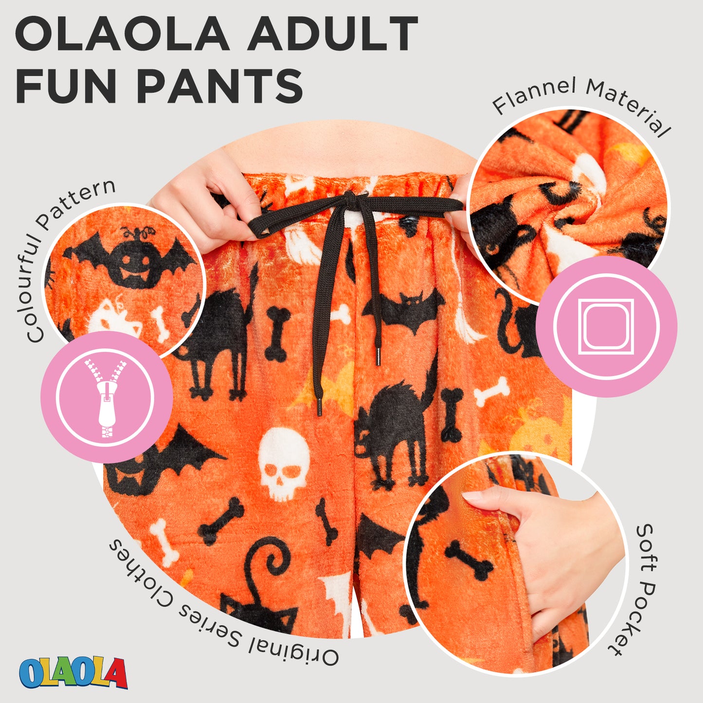 OLAOLA Printed Cat Pumpkin Fuzzy Plush Pajama Pants Drawstring Elastic Waist Wide Leg Pj Bottoms Lounge Pants Halloween Animals Onesie