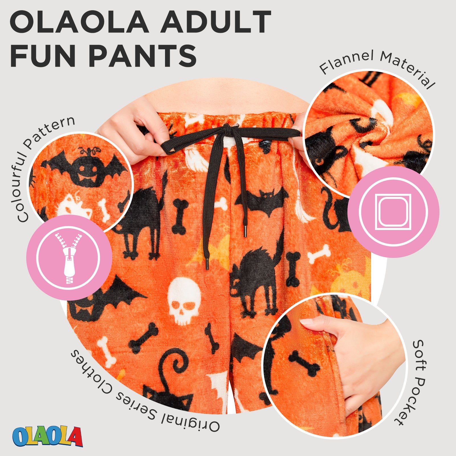 OLAOLA Printed Cat Pumpkin Fuzzy Plush Pajama Pants Drawstring Elastic Waist Wide Leg Pj Bottoms Lounge Pants Halloween Animals Onesie