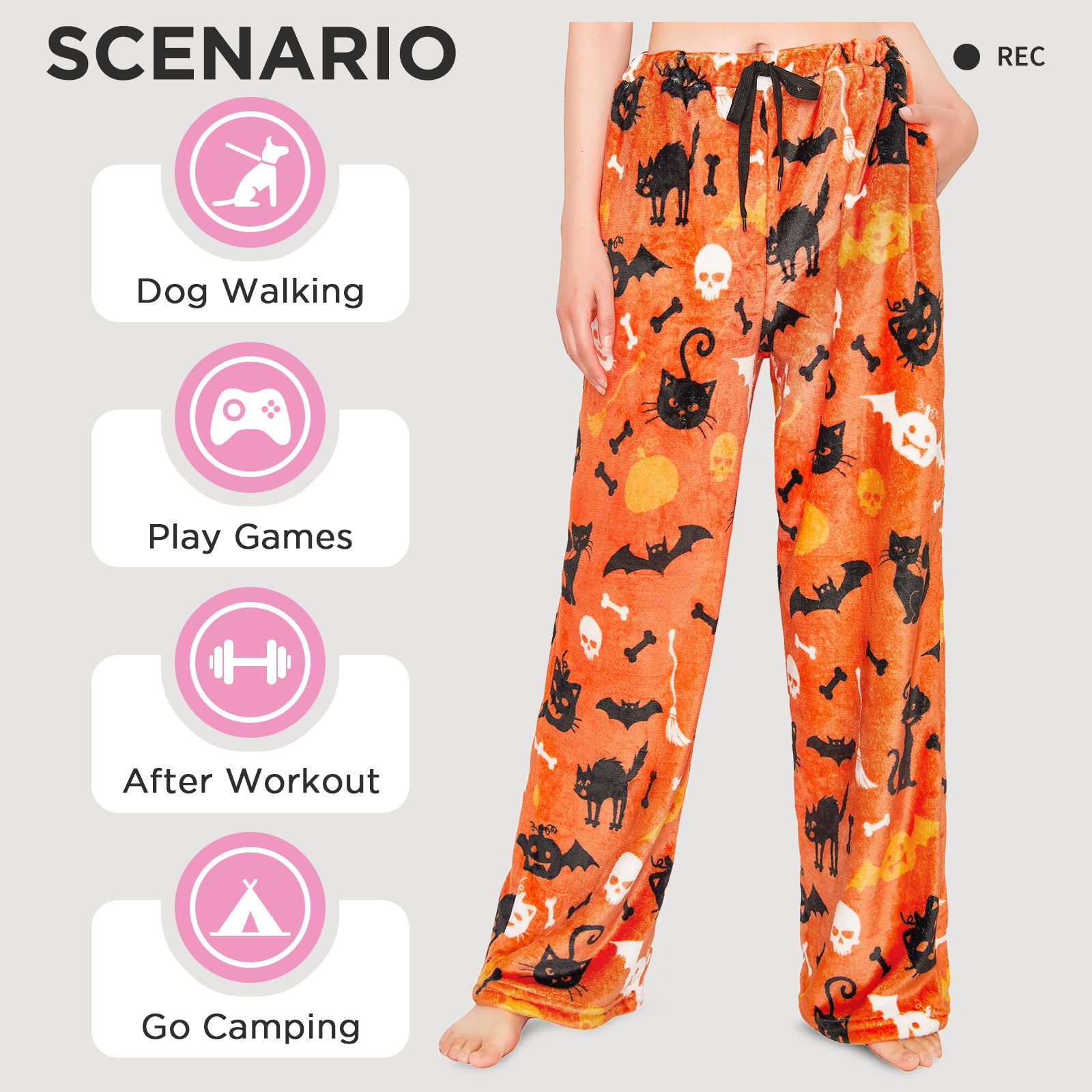 OLAOLA Printed Cat Pumpkin Fuzzy Plush Pajama Pants Drawstring Elastic Waist Wide Leg Pj Bottoms Lounge Pants Halloween Animals Onesie