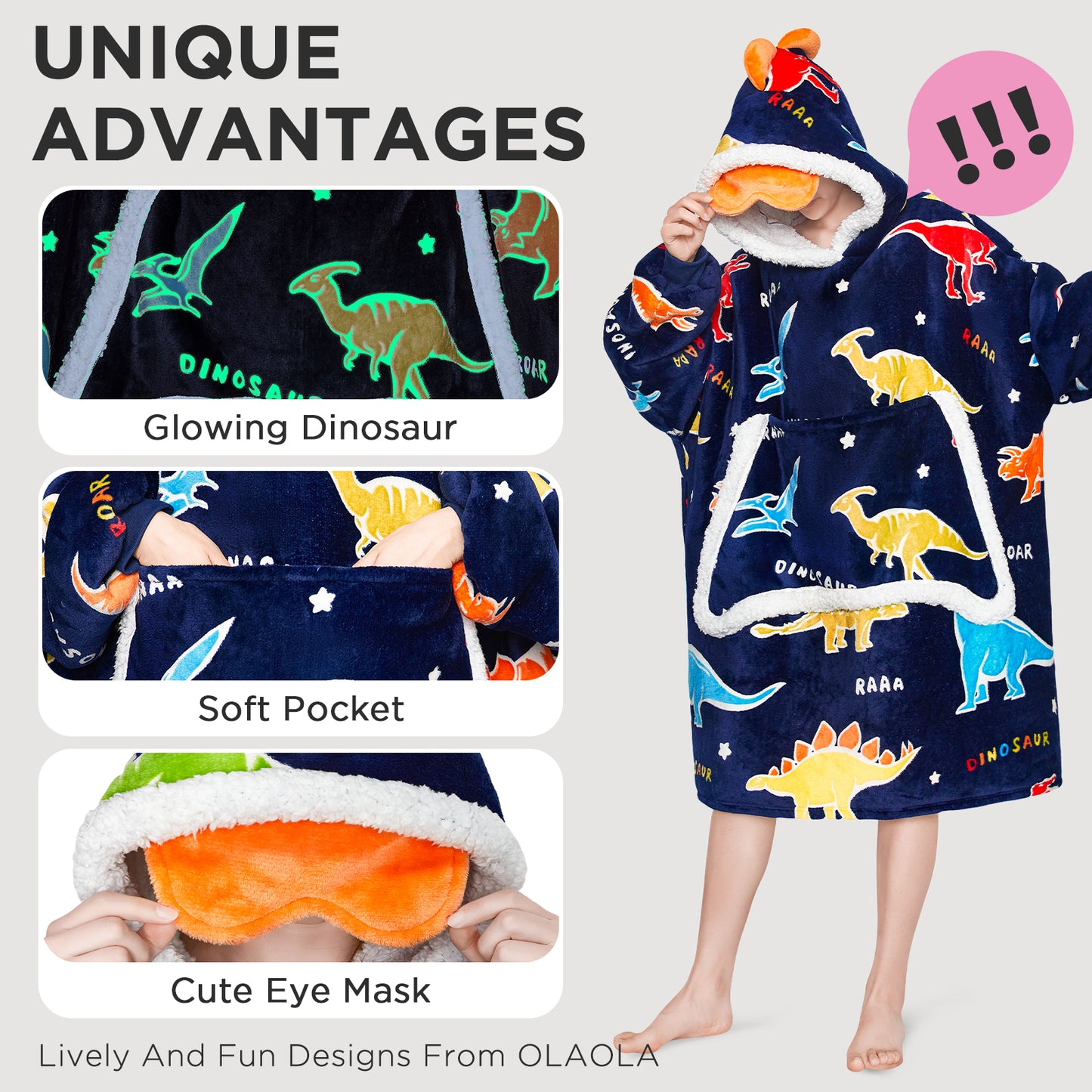 OLAOLA Printed Colorful Dinosaur Luminous Glow In The Dark Wearable Hoodie Animals Onesie Oversized Soft Homwear For Adult