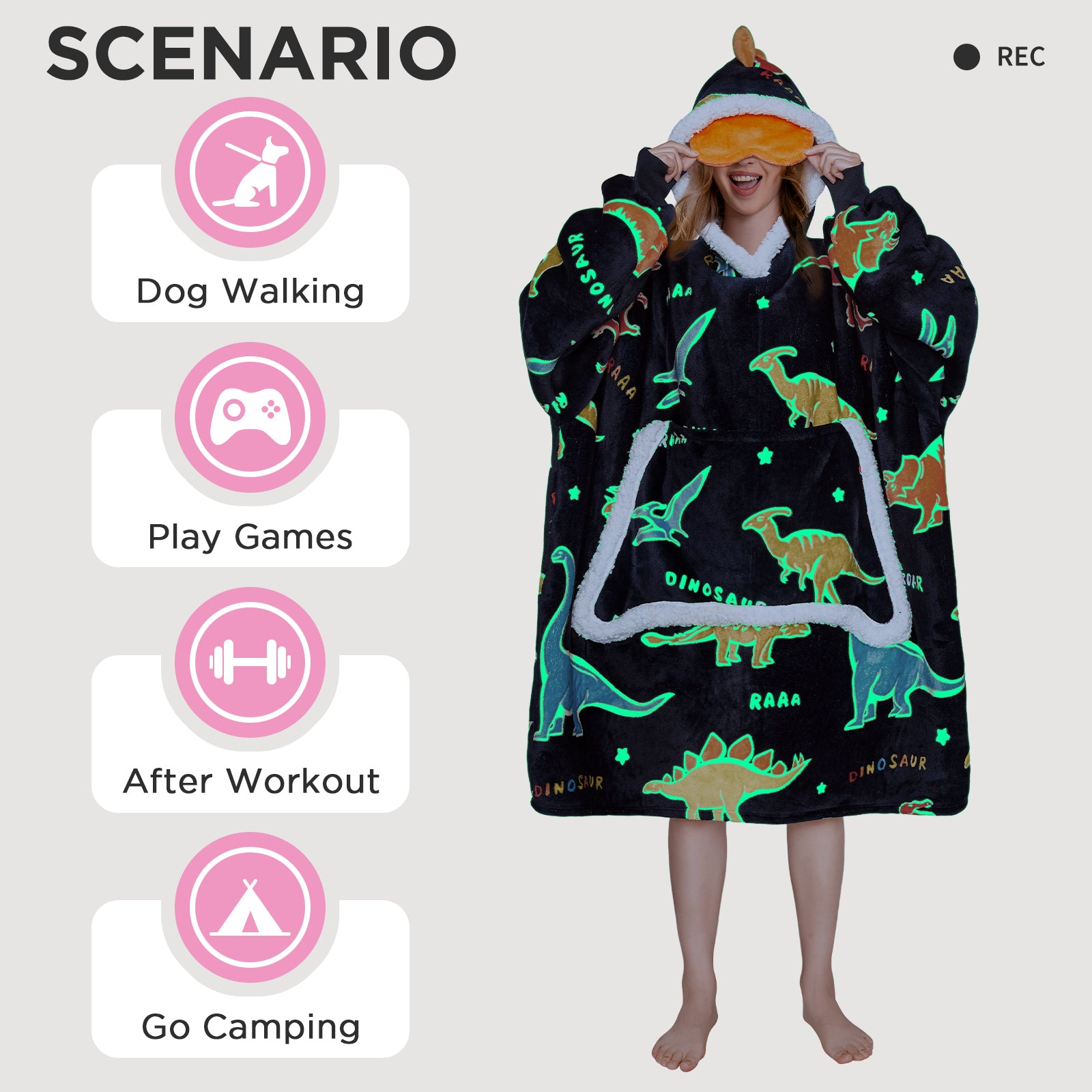 OLAOLA Printed Colorful Dinosaur Luminous Glow In The Dark Wearable Hoodie Animals Onesie Oversized Soft Homwear For Adult