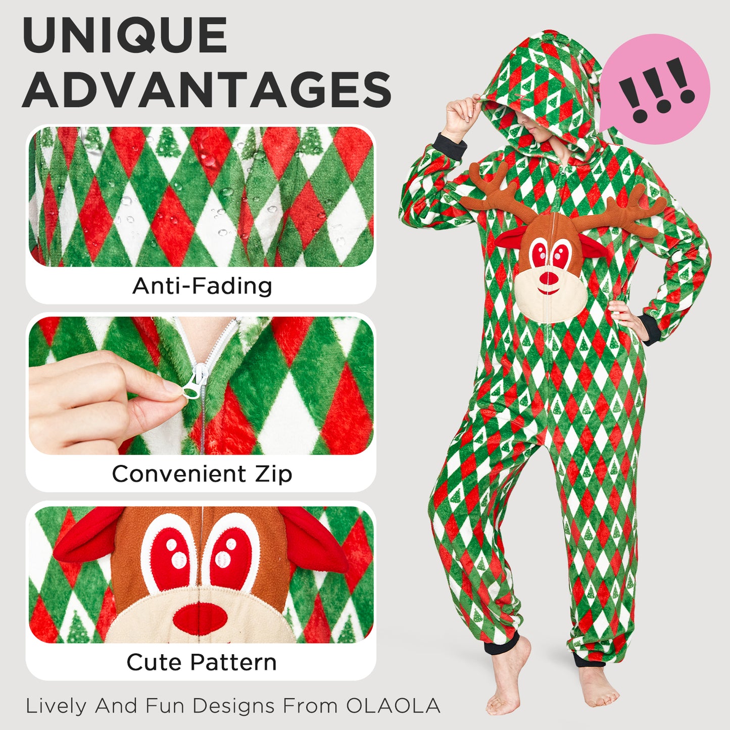 OLAOLA Printed Diamond Elk Flannel Pajamas Plush Animals Onesie Adult Soft Sleepwear Christmas Carnival Suit