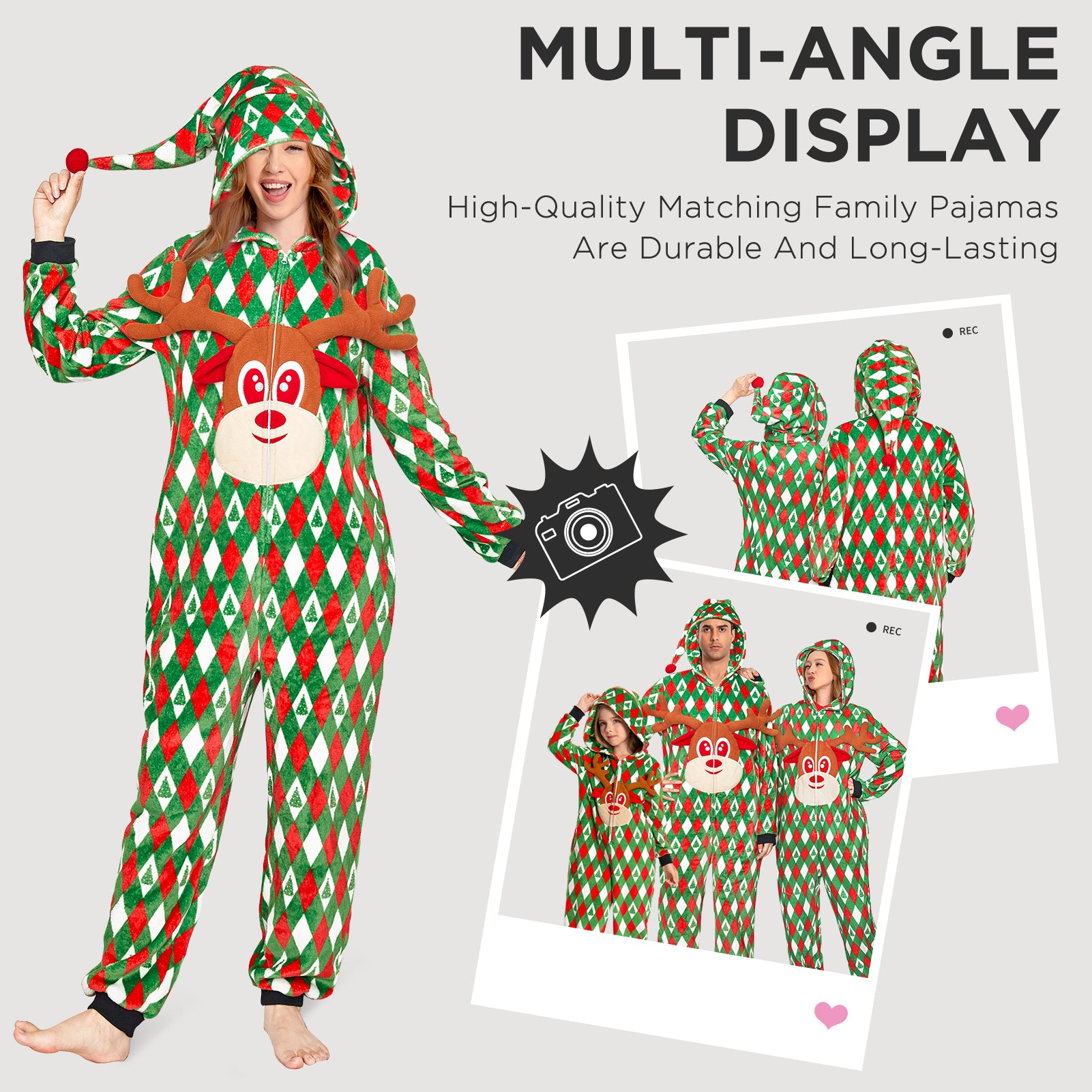 OLAOLA Printed Diamond Elk Flannel Pajamas Plush Animals Onesie Adult Soft Sleepwear Christmas Carnival Suit