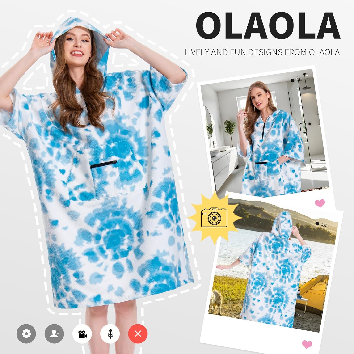 OLAOLA Printed Tie-dye Blue Surf Poncho Changing Towel Swim Robe Quick Dry Terry Cloth Cover-Up Hood Beach Towels